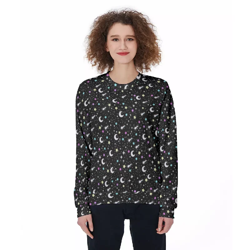 Starry Glitter Black Unisex Cozy Sweatshirt Hoodie with Hem Raw Edge Edgy Unfinished