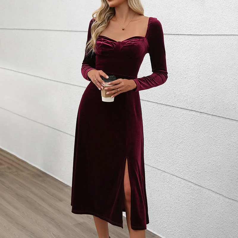 IKEARLAX New New Elegant Valentine's Day Split Dress Christmas Velvet Solid Color Square Neck Dress Women Tunics Sophisticated sleek IKEARLAX New New Elegant Valentine's Day Split Dress Christmas Velvet Solid Color Square Neck Dress Women Tunics Sophisticated sleek