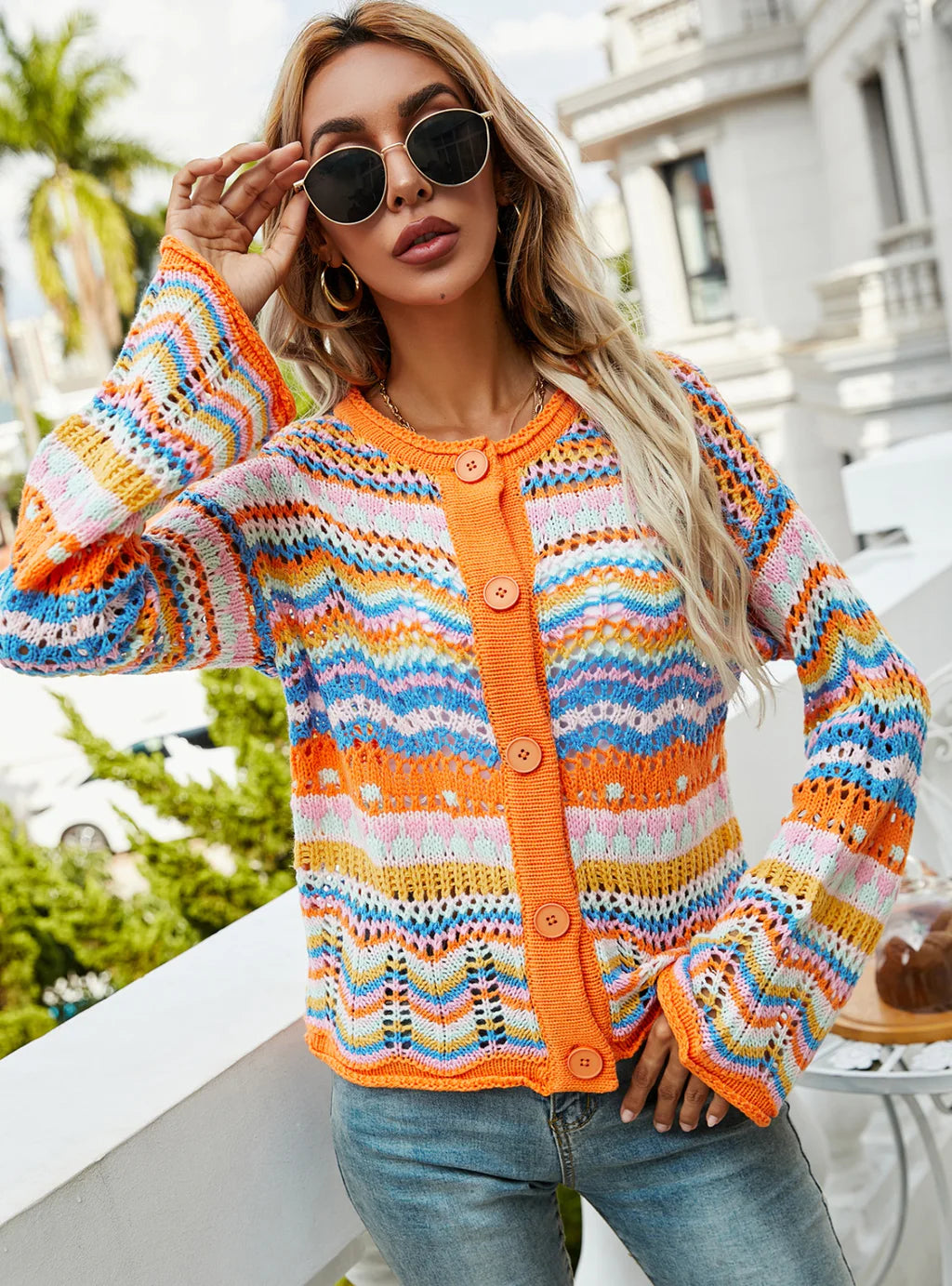 CLASSY WOMEN LOOSE RAINBOW STRIPED SWEATER Mesh Blend Leather Blend Suede Blend