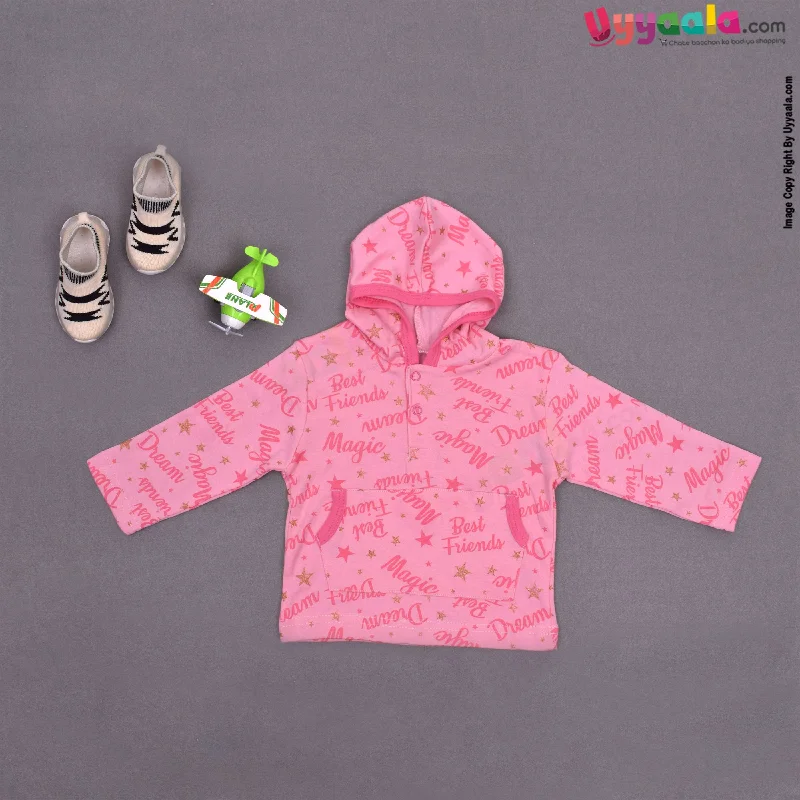 PRECIOUS Full sleeves hoodies t - shirt, cotton - pink with text & glittering star print Hoodie with Oversized Fit Loose Comfortable