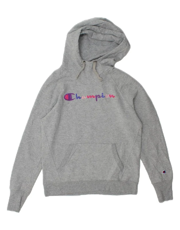 CHAMPION Womens Graphic Oversized Hoodie Jumper UK 10 Small Grey Flecked Hoodie with Raw Hem Edgy Unfinished