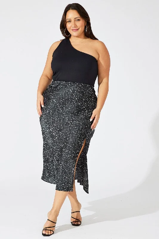 Black Polka Dot Satin Slip Skirt With Split button skirt front