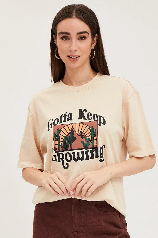 Beige Graphic Tank Short Sleeve Cotton adorable tank top