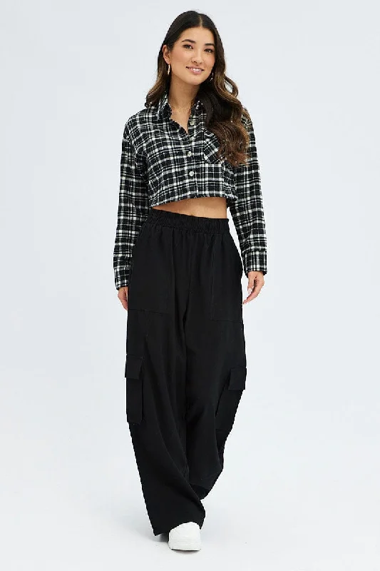 Black Wide Leg Pants High Rise Cargo Fashionable Jogger Pants