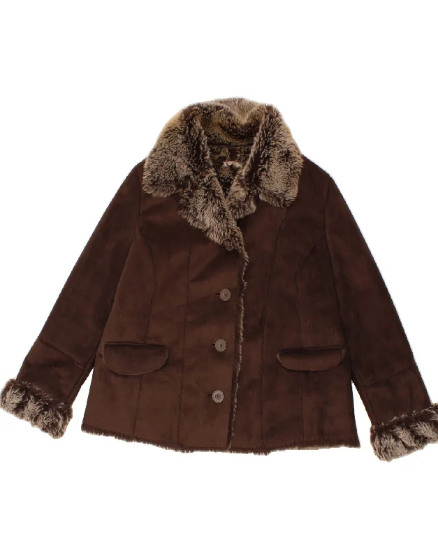 JOHN ROCHA Womens Sherpa Jacket UK 20 2XL Brown Polyester Ribbed Jacket Pleated Jacket Ruffled Jacket