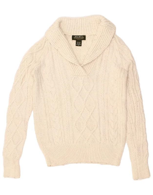 EDDIE BAUER Womens Shawl Neck Jumper Sweater UK 6 XS Off White Collared Crew Neck Turtle Neck