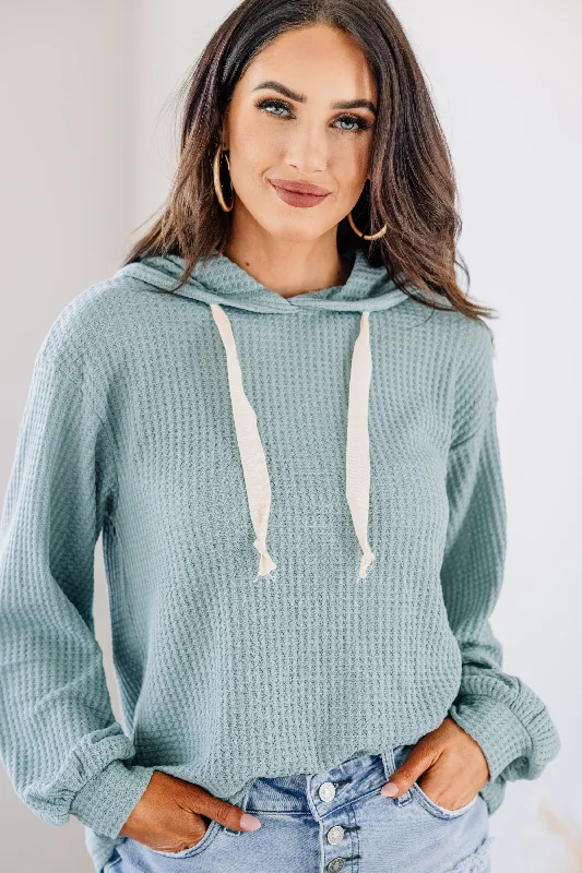 Stay In Contact Teal Blue Waffle Knit Hoodie Hoodie Crop Top Short Trendy