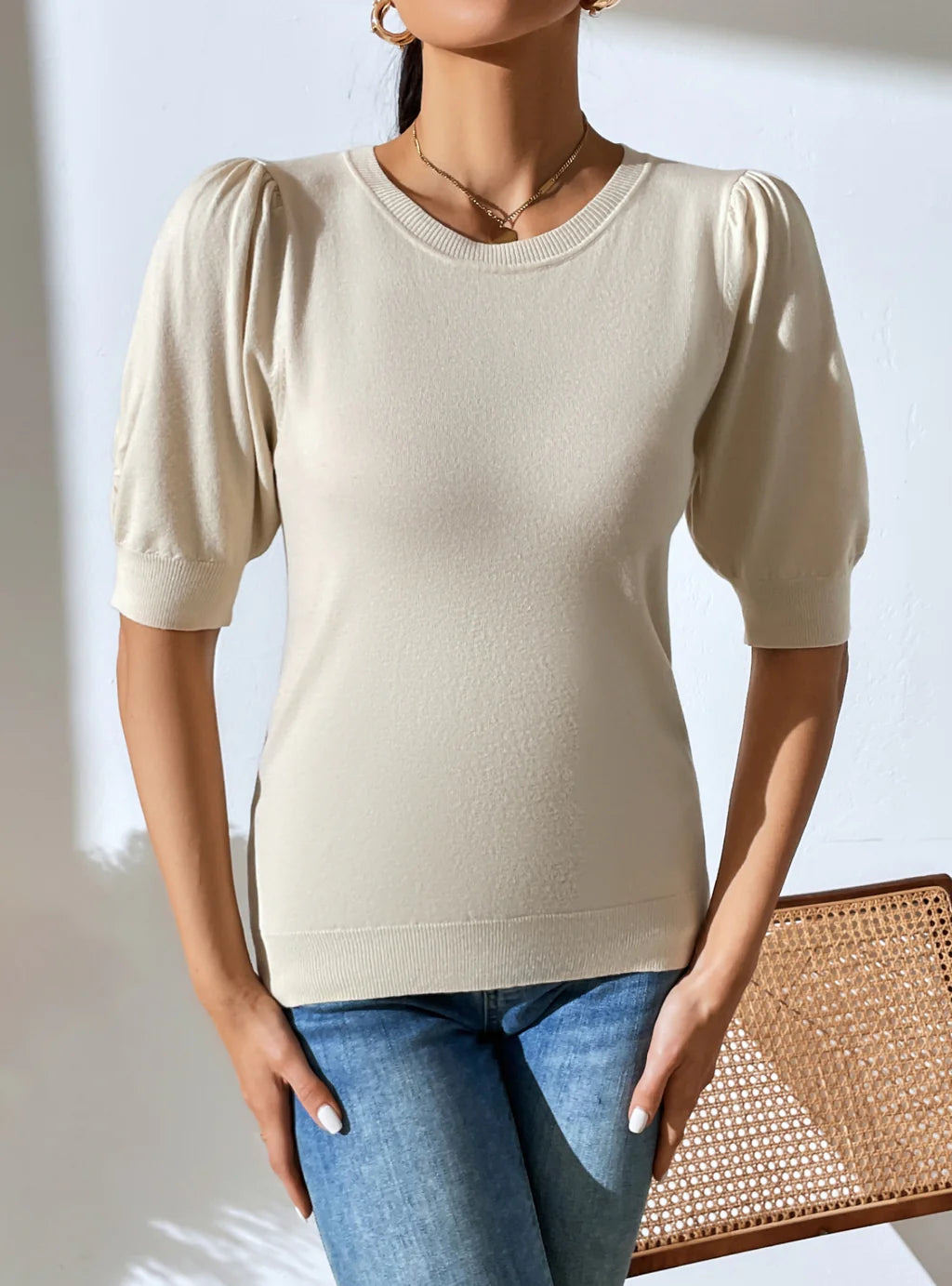 FASHION KNIT PLEATED SHORT SLEEVE SOLID COLOR SWEATER Stretchy Elastic Breathable