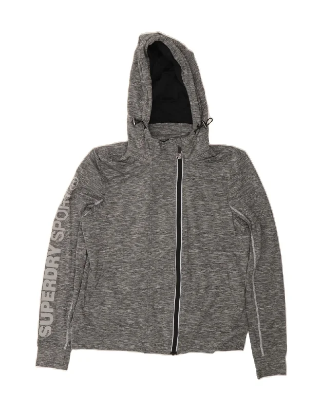 SUPERDRY Womens Graphic Zip Hoodie Sweater UK 14 Large Grey Flecked Hoodie with Color Block Contrast Stylish