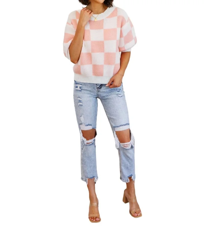 Start Me Up Checkered Sweater In Pink And White Cashmere Blend Cotton Blend Poly Blend