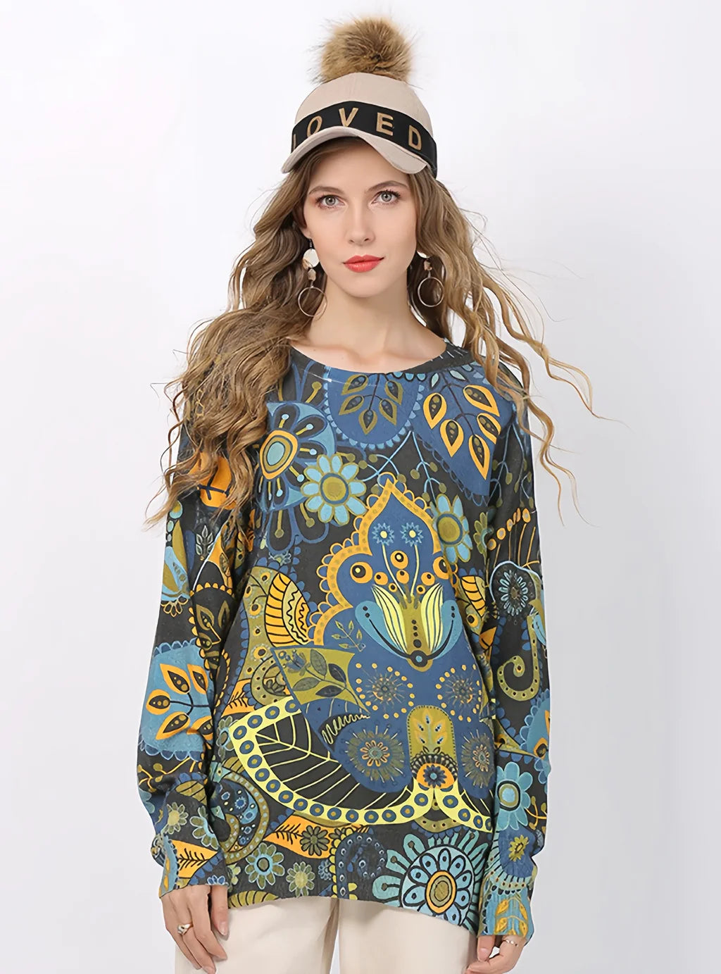 CLASSY RETRO PRINTED ROUND NECK LOOSE SWEATER Rayon Fabric Velvet Fabric Corduroy Fabric