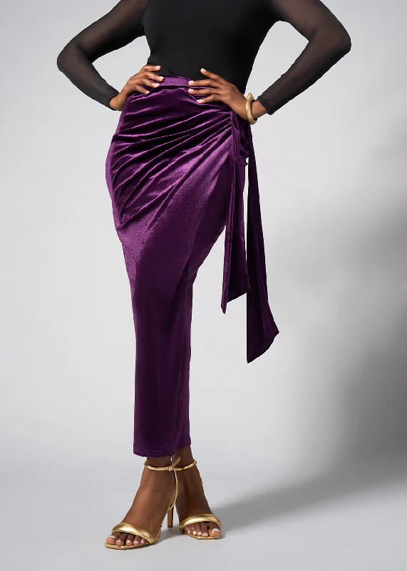 Tesafaye Women's Stretch Velvet Faux Wrap Skirt (Plum) high slit skirt