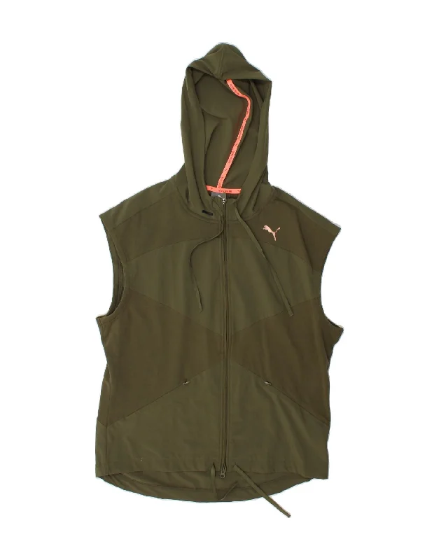 PUMA Womens Sleeveless Zip Hoodie Sweater UK 14 Large Green Colourblock Front Pockets Side Pockets Patch Pockets