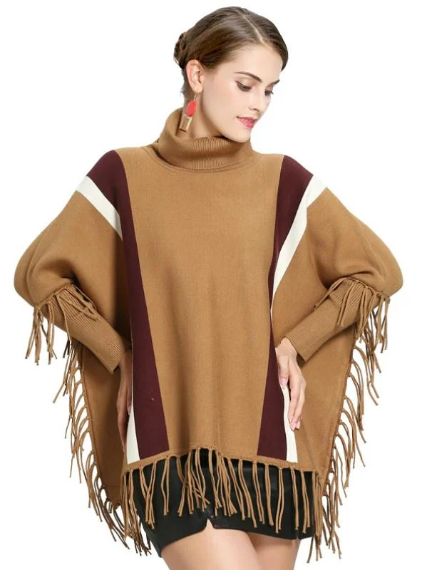 VERTICAL STRIPES LOOSE FRINGED TURTLENECK SWEATER COAK Print Jacquard Patchwork