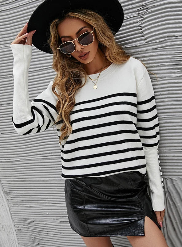 BUTTON-THREADED CUFF STRIPED SWEATER Notch Collar Peter Pan Collar Cowl Neck