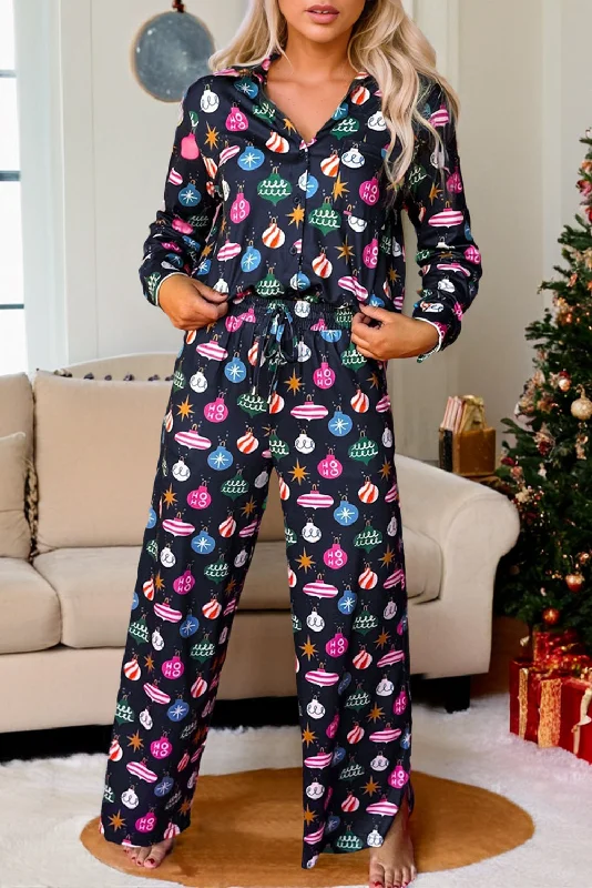 Hazel Blues® |  Christmas Lights Print Collared Neck Top and Pants Set Relaxed High-Waist Trousers