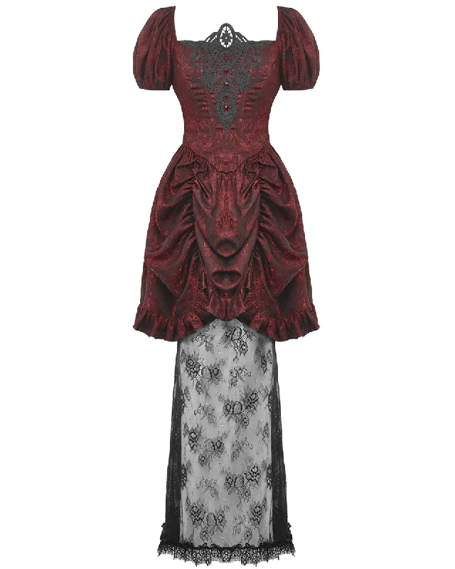 Dark In Love DarkRose Gothic Courtesan Jacquard Lace Train Dress - Red & Black Tunics Velvet soft