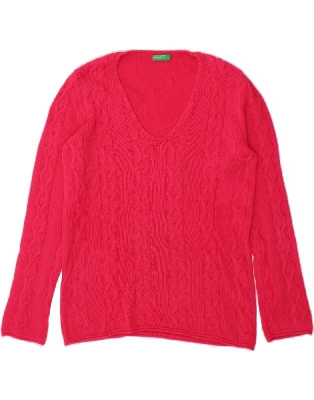 BENETTON Womens V-Neck Jumper Sweater UK 6 XS Pink Cotton Real Fur Shearling Chenille