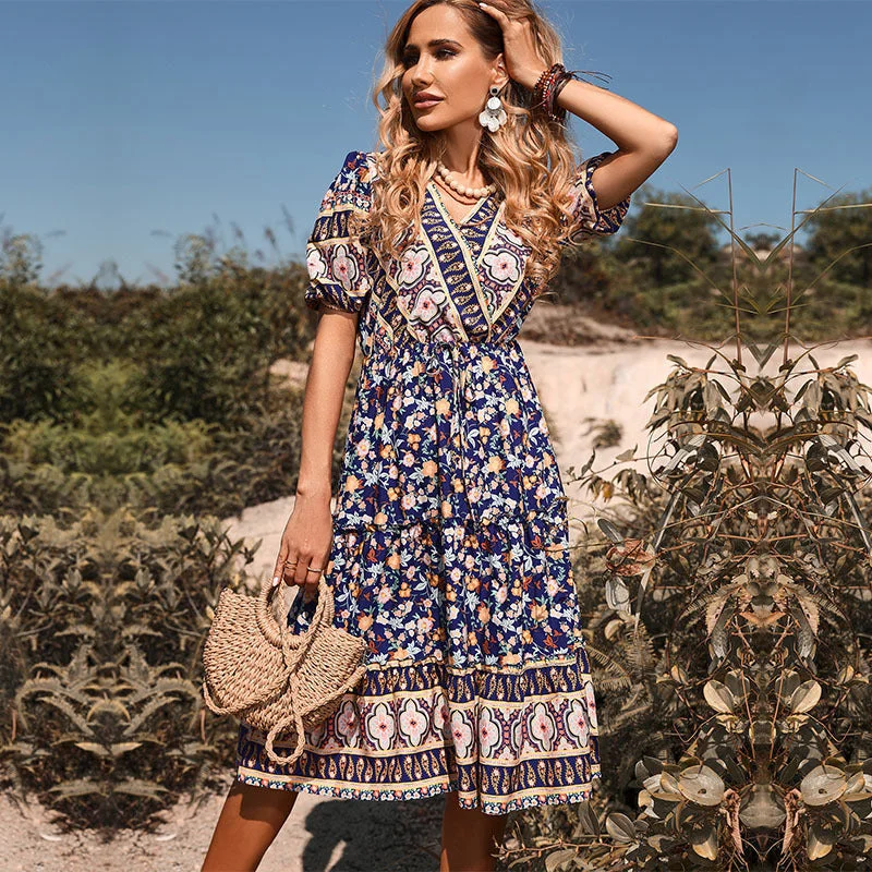 IKEARLAX summer skirt short-sleeved ethnic style print v-neck bohemian dress for women Tunics Top rated IKEARLAX summer skirt short-sleeved ethnic style print v-neck bohemian dress for women Tunics Top rated