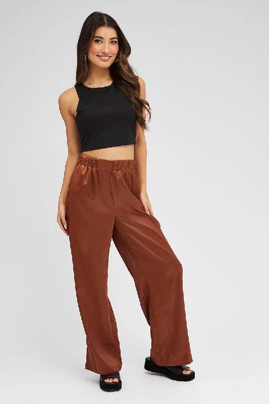 Brown Wide Leg Pants High Rise Satin Comfortable Cargo Pants