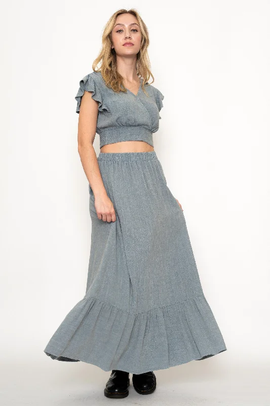 Dez Sunset Linen Blend V Neck Surplice Top and Matching Skirt Set FINAL SALE leather skirt bold