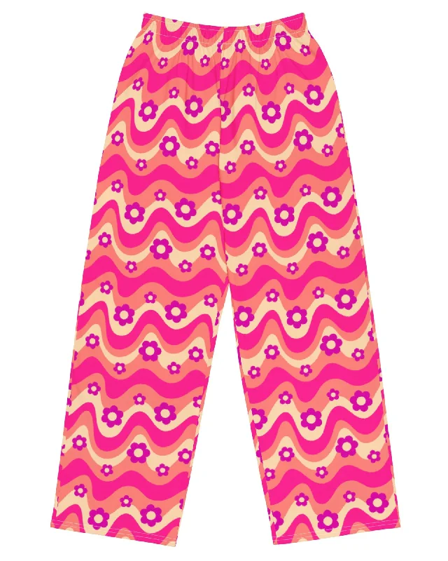 Flower Power Pink Wide Leg Pants Lightweight Jogger Pants