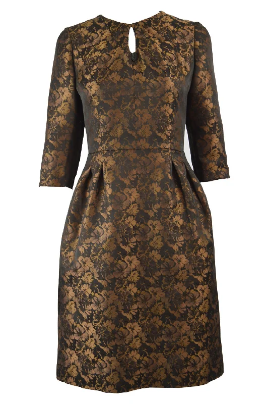 True Italian Couture Bronze & Black Jacquard Dress, 1980s A-Line Day Work