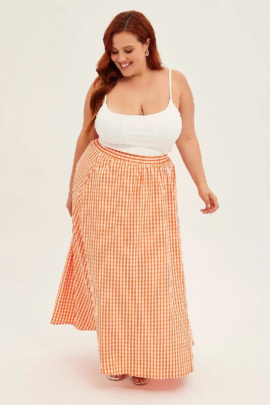 Orange Check Midi Skirt High Waist Elaticated Waist wool skirt warm
