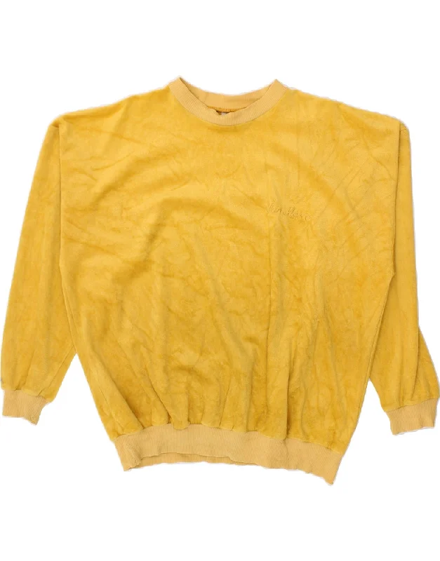 VINTAGE Womens Velvet Sweatshirt Jumper UK 16 Large Yellow Cotton Hoodie with Batwing Sleeves Loose Dramatic