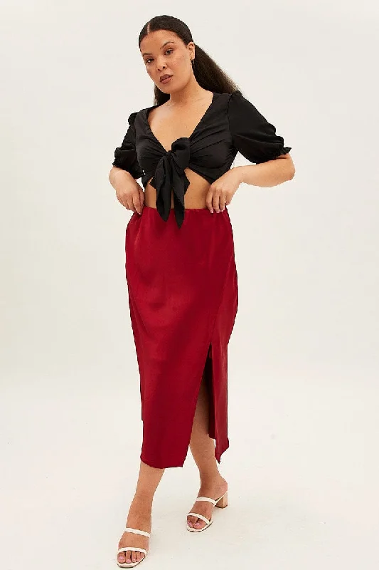 Red Midi Skirt Satin Split Flare chiffon skirt airy