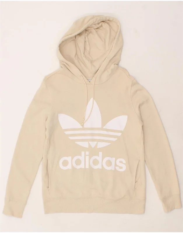 ADIDAS Womens Graphic Hoodie Jumper UK 10 Small Beige Cotton Hoodie with Frayed Bohemian Relaxed