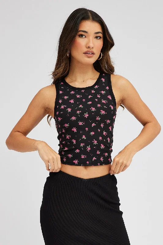 Black Floral Mesh Tank Sleeveless soft tank top