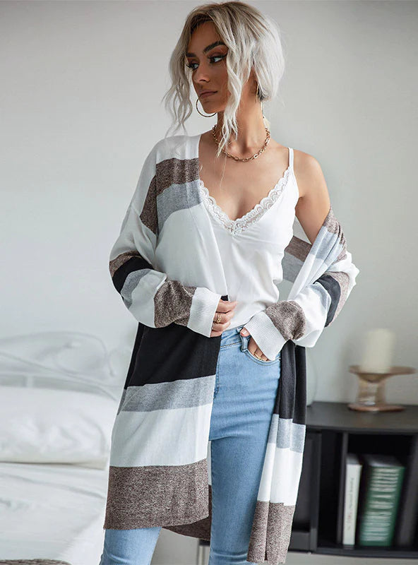 THIN COLOR MATCHING STRIPES LOOSE SWEATER Wool Fabric Cashmere Fabric Tweed Fabric