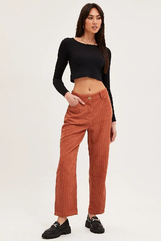 Brown Wide Leg Pants Mid Rise Corduroy Chic Faux Leather Pants