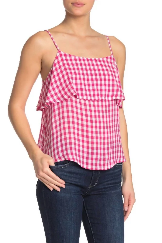 Gingham Spaghetti Strap Check Plaid Tank Top In White, Pink one shoulder tank