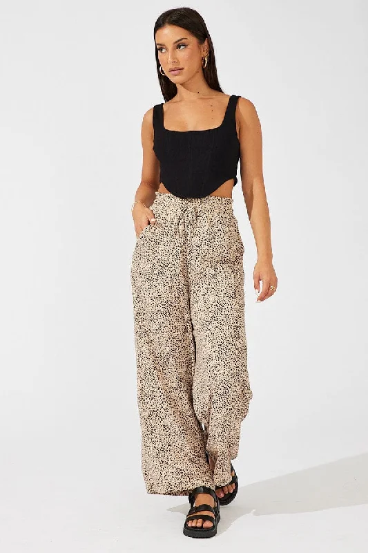 Beige Animal Print Wide Leg Pants High Rise High-Waist Jogger Pants