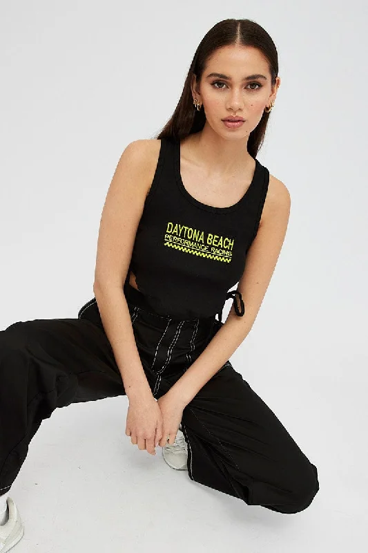 Black Tank Top Side Ties Daytona Beach Embroidery Rib cozy tank top