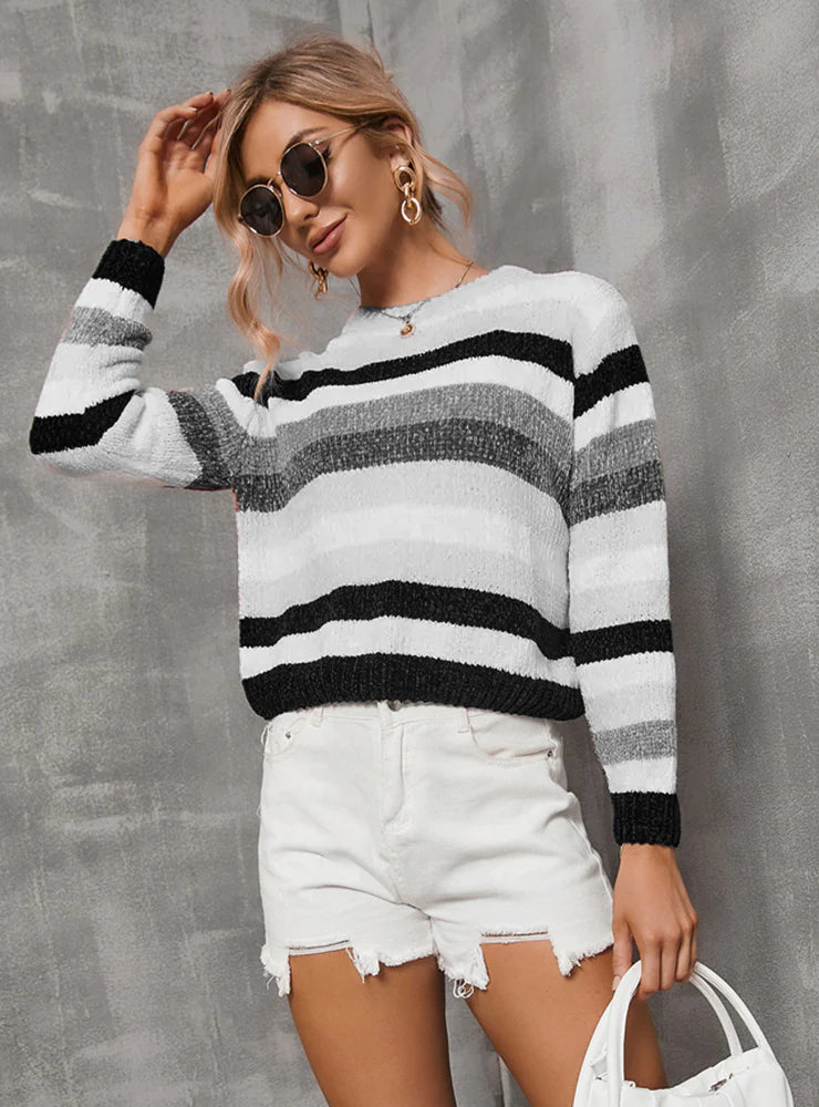 FASHION WOMEN STRIPED STITCHING SWEATER Long Sweater Short Sweater Cropped Sweater