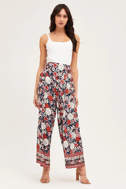 Boho Print Wide Leg Pants High Rise Elastic Waist Comfortable Wide-Leg Pants