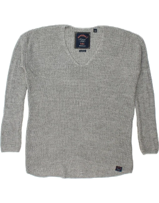 SUPERDRY Womens Oversized V-Neck Jumper Sweater UK 6 XS Grey Acrylic Chenille Brocade Lace