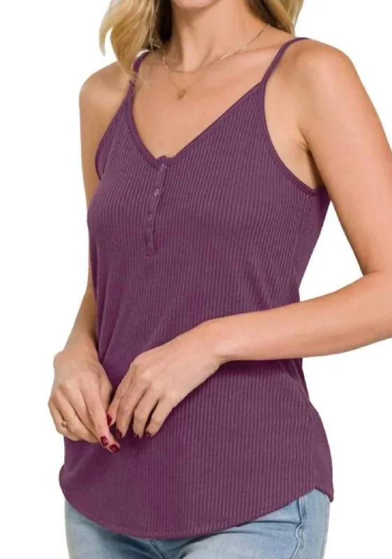 Ribbed Button V-Neck Tank Top In Plum navy tank top