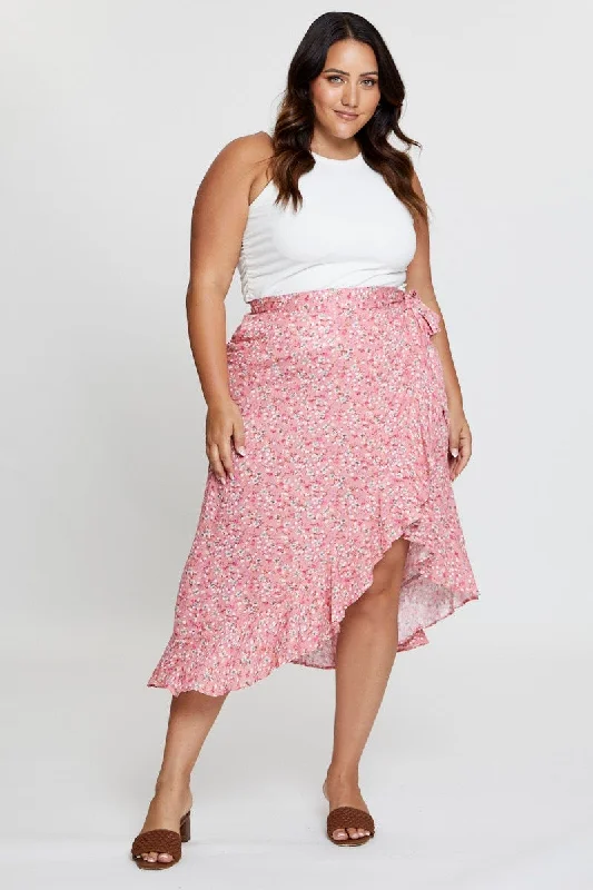 Floral Print Maxi Skirt Ruffle Hem high slit skirt
