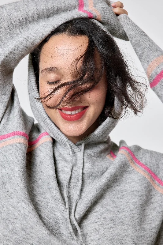 Grey with Peach and Pink Stripe Knitted Lounge Wear Hoodie Hoodie with Hood Adjustable Protection