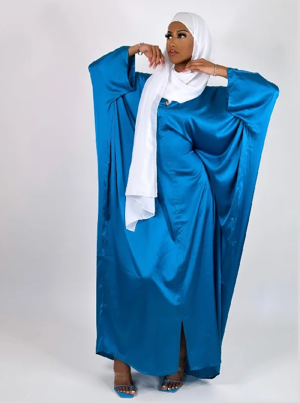 Azure blue Butterfly satin dress Turtleneck Neckline Stylish