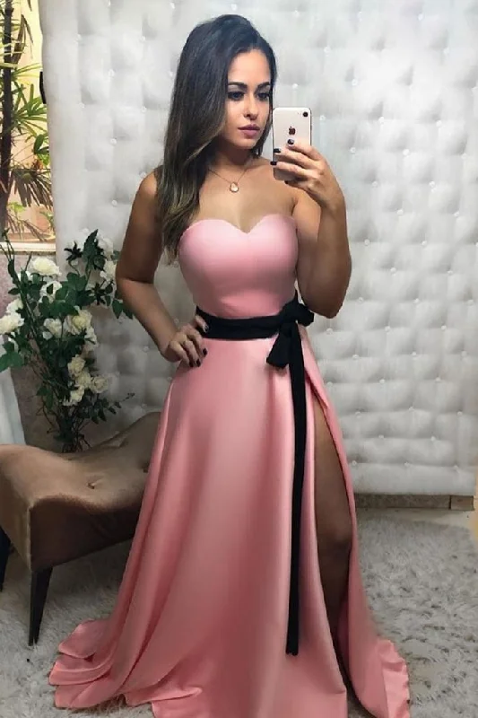 SIMPLE SWEETHEART PINK SATIN LONG PROM DRESS PINK FORMAL DRESS   cg11440