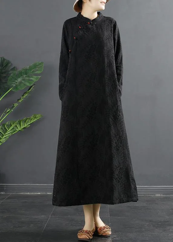 Handmade Stand Collar Quilting Dresses Shape Black Jacquard Traveling Dress
