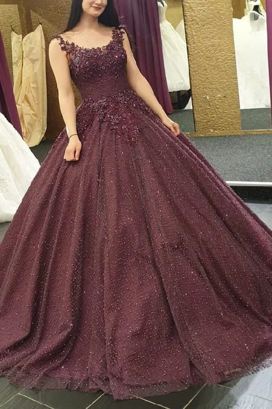 Burgundy Long Formal Ball Gown Prom Dresses With Lace Applique   cg11996