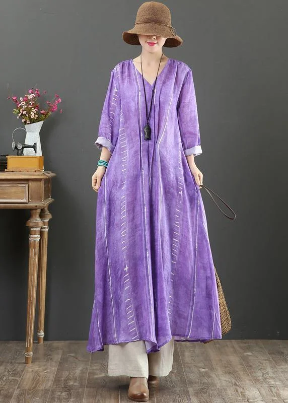 Unique V Neck large hem Spring Tunics Pattern Purple A Line Dress
