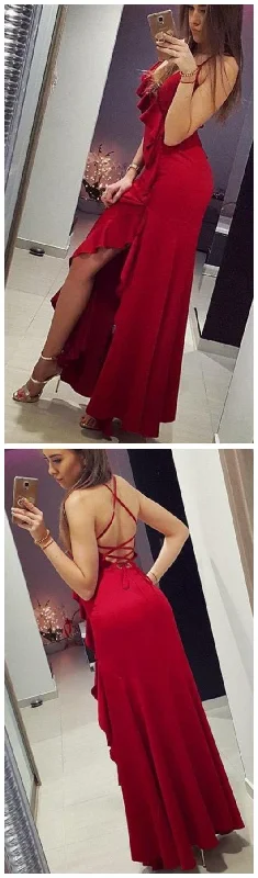 Sexy Red Backless Long Prom Dress, Special Design Evening Gowns    cg11462