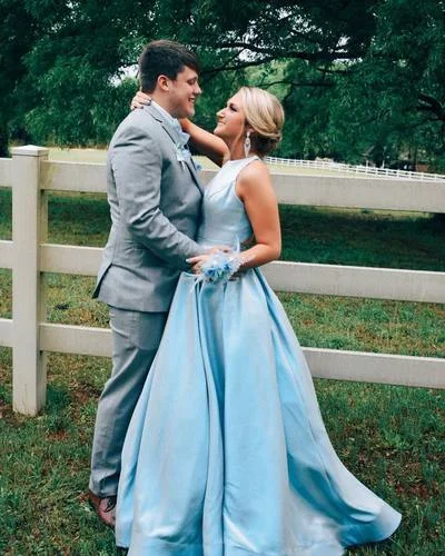 Blue A-line Long Prom Dress with Cross Back   cg11476
